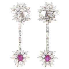 Boucles d'oreilles pendantes en rubis et diamants, Vintage 1950s