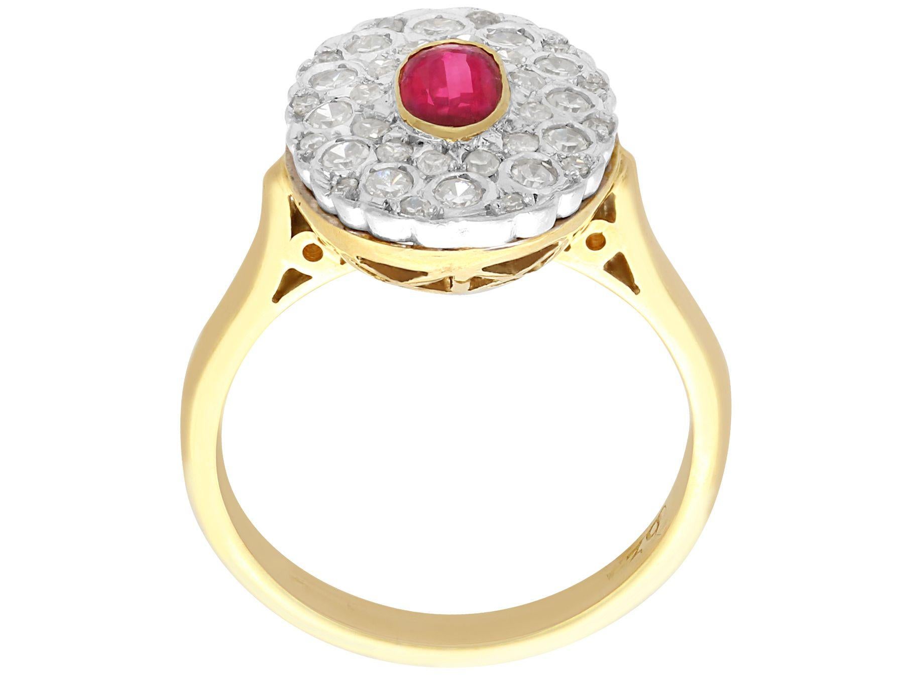 Vintage 1950s Oval Cut Ruby and Diamond 18k Yellow Gold Cluster Ring In Excellent Condition For Sale In Jesmond, Newcastle Upon Tyne