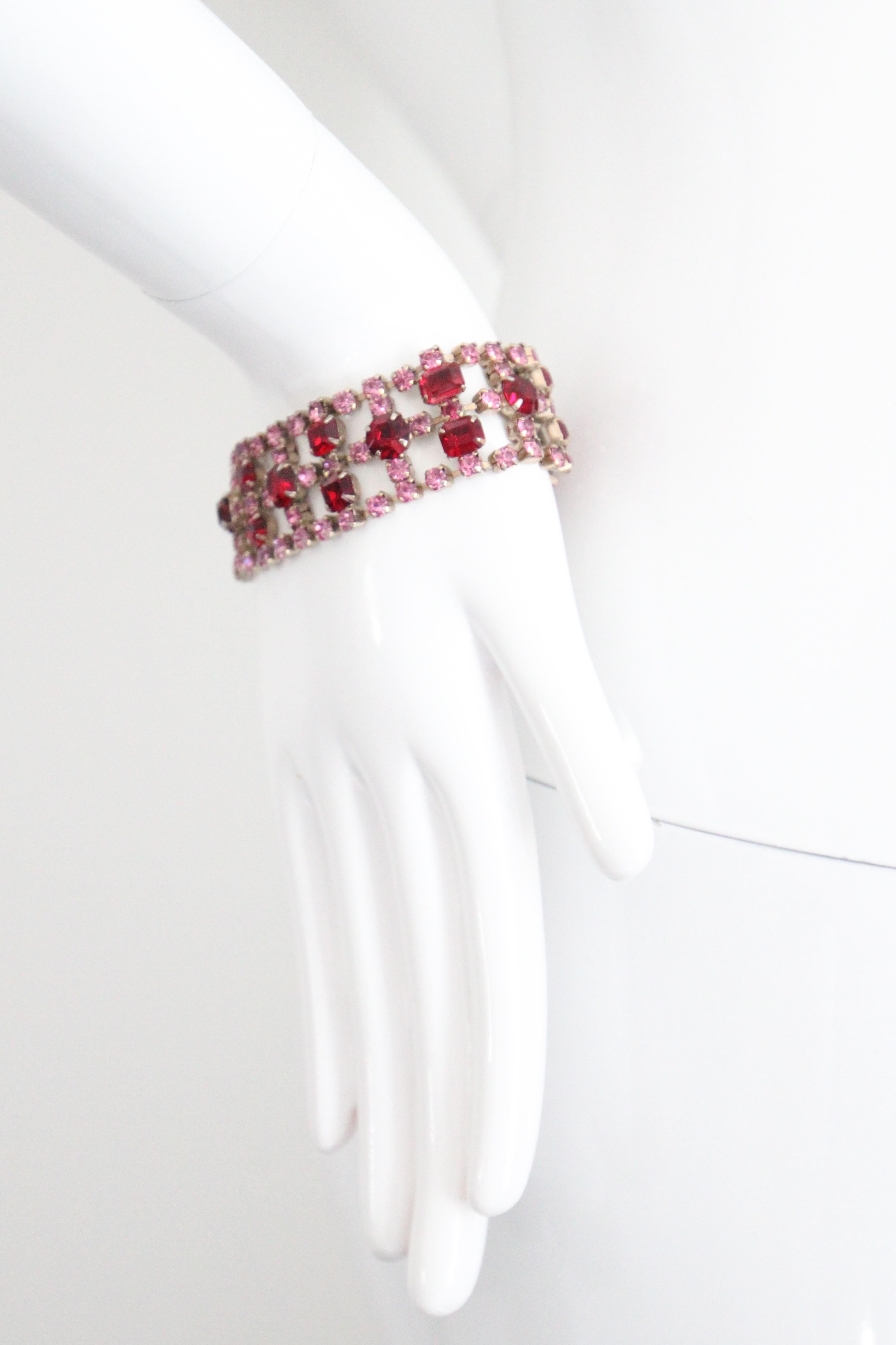 da uomo o donna Bracciale vintage anni '50 con strass rosa e rubino Bracciale anni '50 con strass in vendita