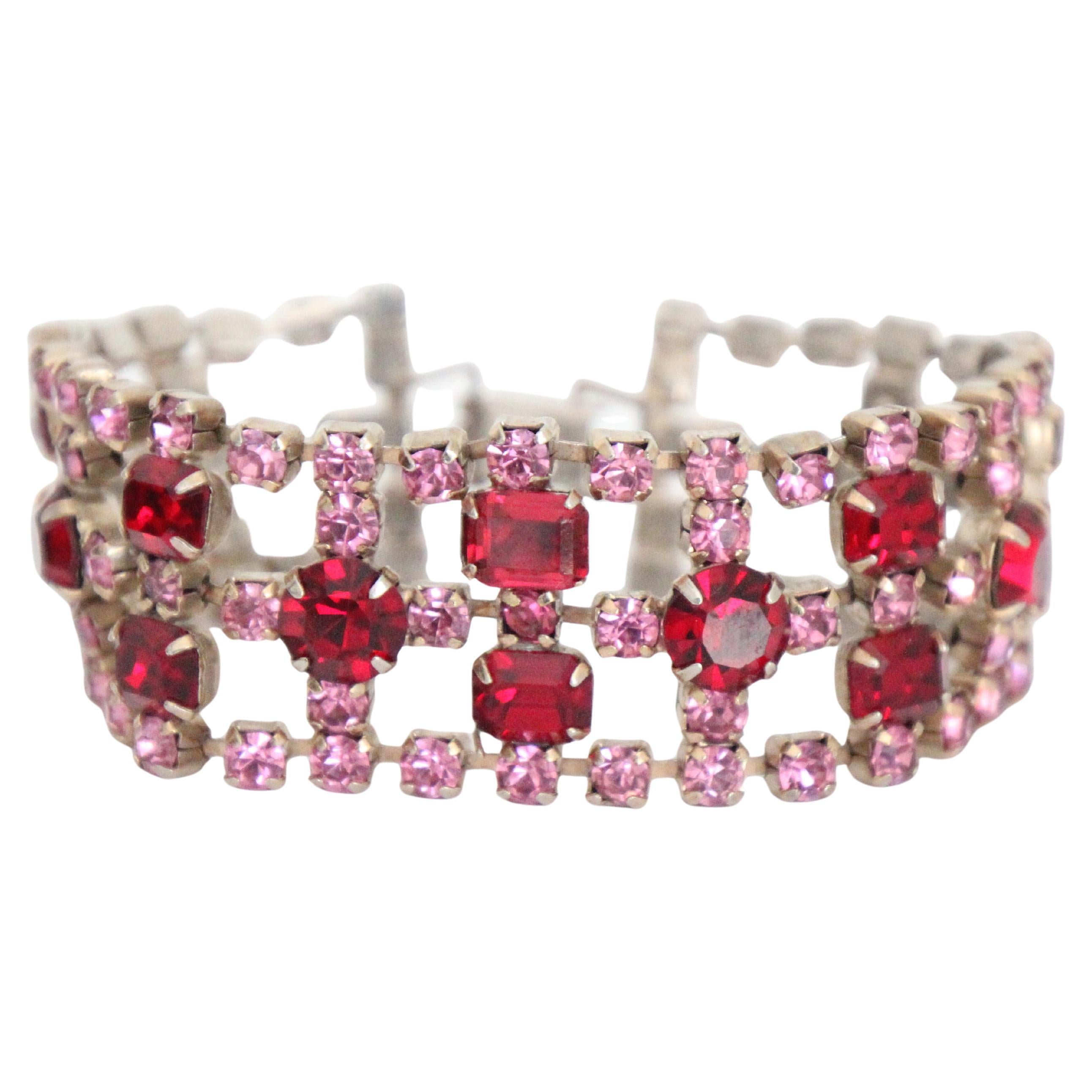 Vintage 1950's Ruby and rose rhinestone bracelet 1950's rhinestone cuff bracelet