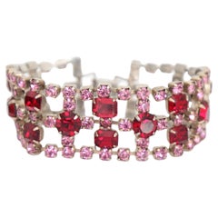 Pulsera vintage años 50 de brillantes Rubí y rosa Pulsera puño años 50 de brillantes