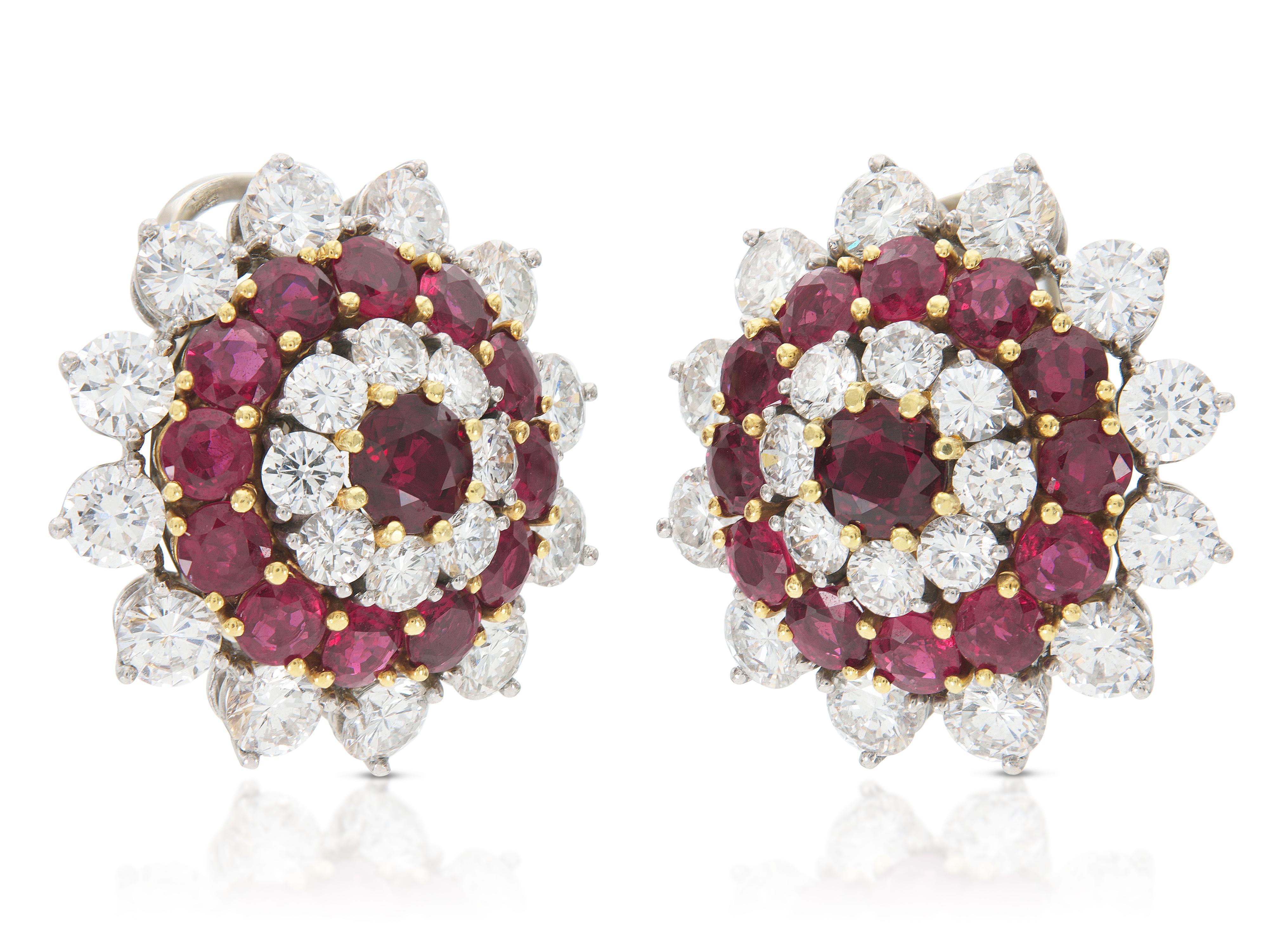 Finely crafted in platinum and 18k yellow gold with Round cut Rubies weighing approximately a total of 11.00 carats, and Round Brilliant cut Diamonds weighing approximately a total of 10.00 carats.
Circa 1950s
1 inch diameter