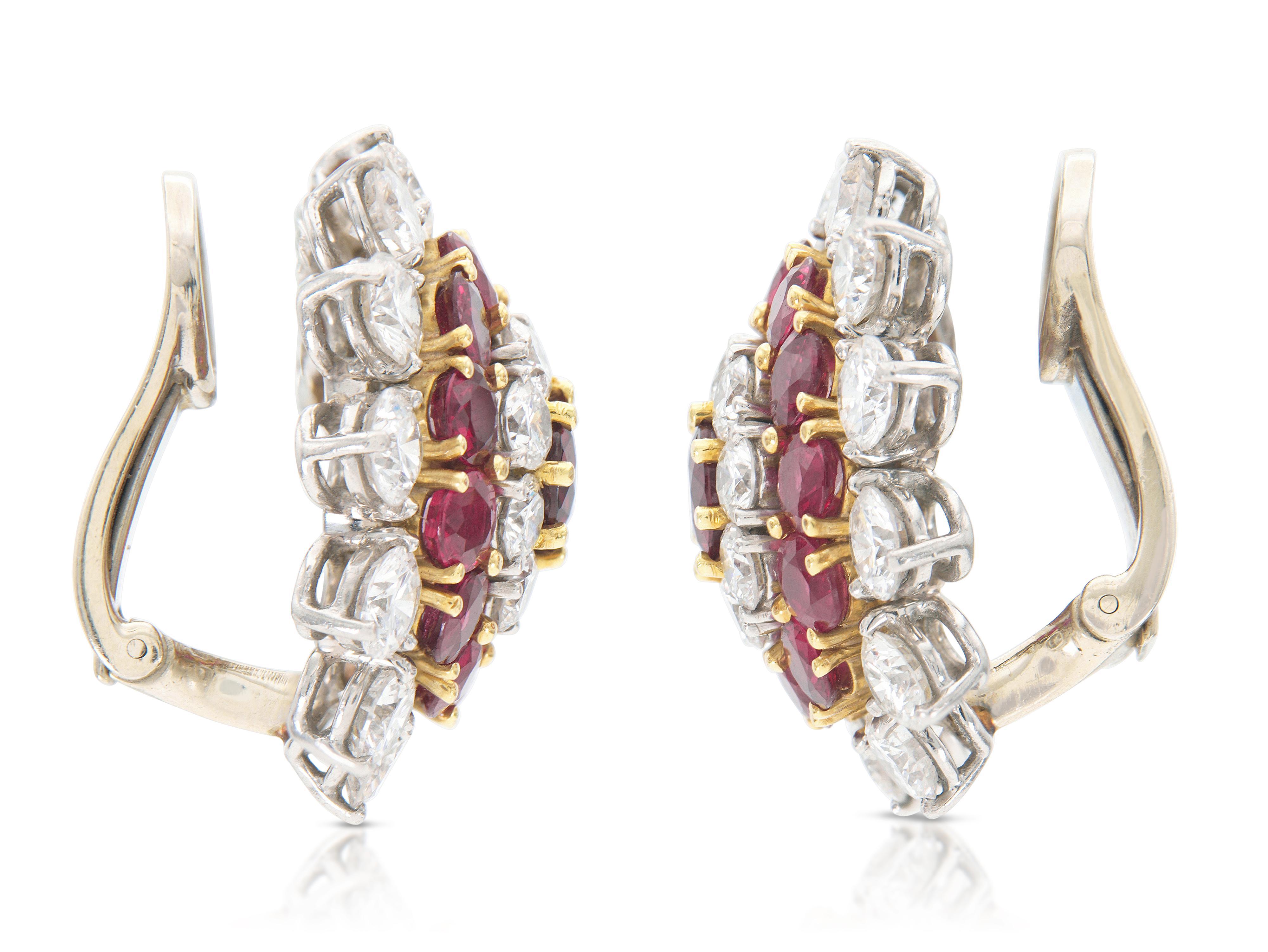 Round Cut Vintage 1950s Ruby & Diamond Flower Earrings For Sale