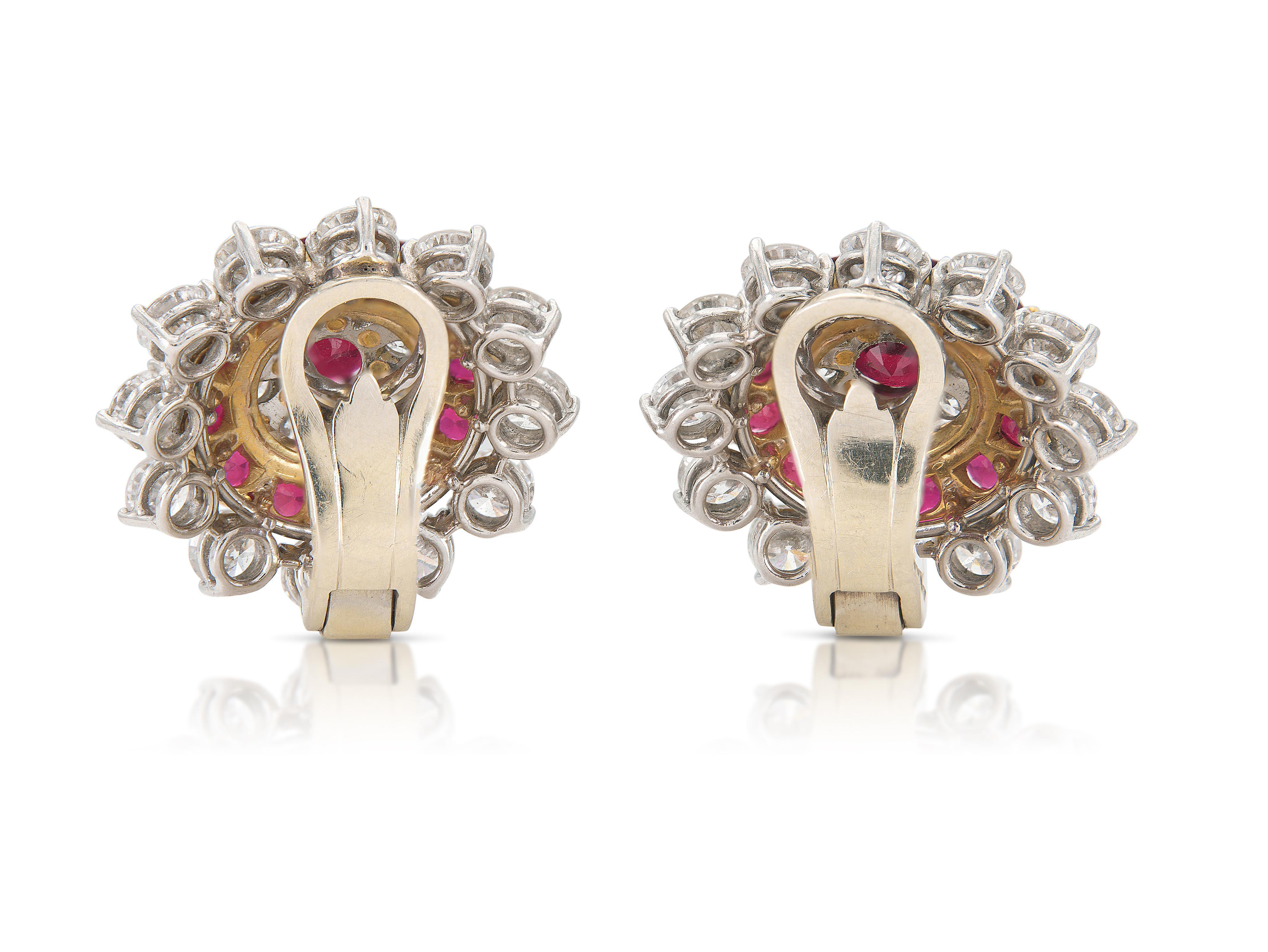 Vintage 1950s Ruby & Diamond Flower Earrings In Good Condition For Sale In New York, NY