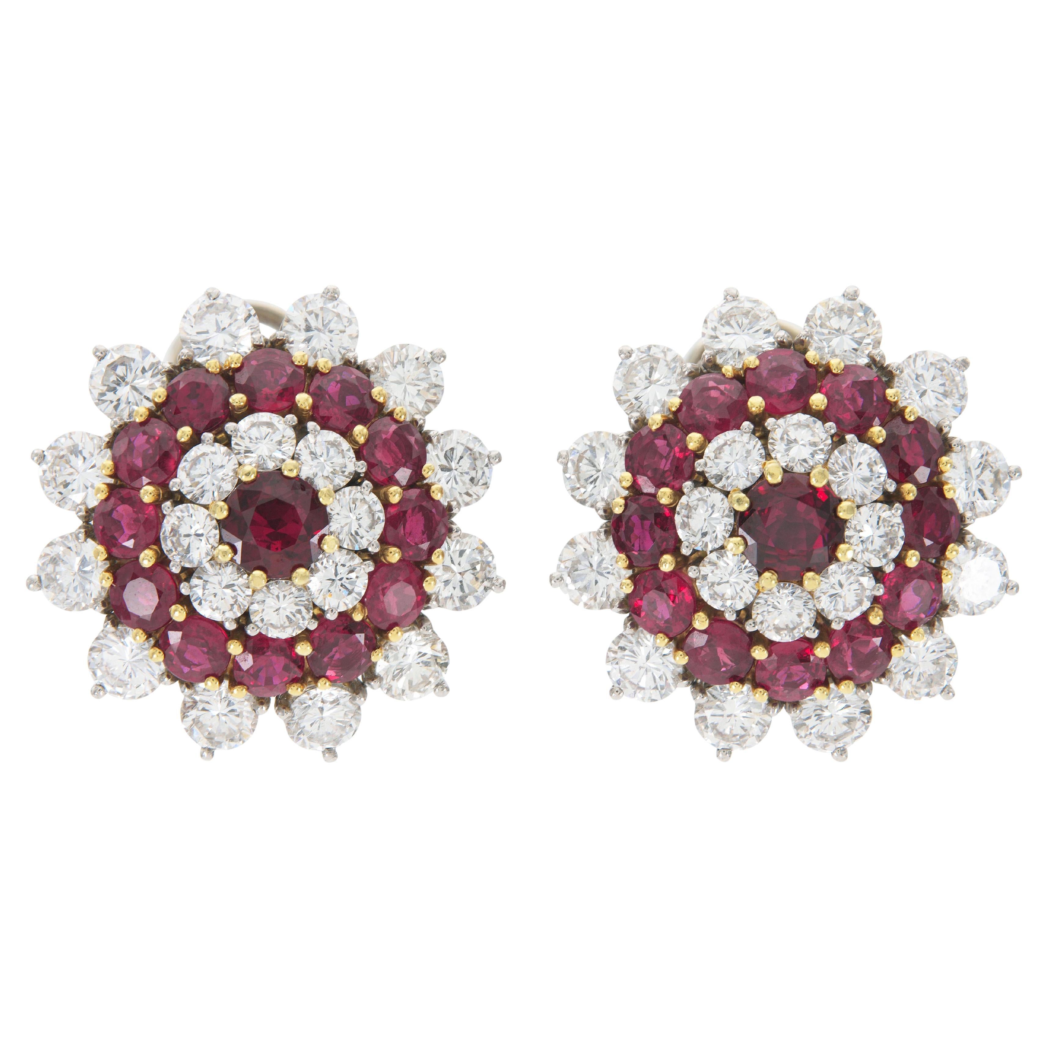 Vintage 1950s Ruby & Diamond Flower Earrings For Sale