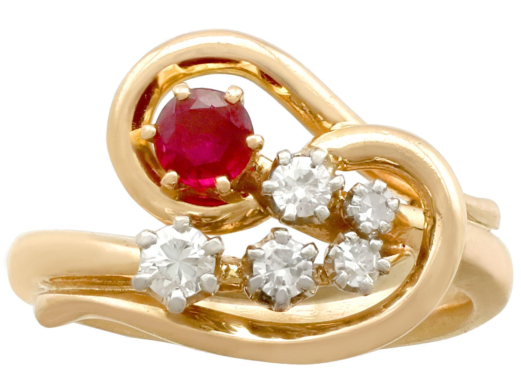 Round Cut Vintage 1950s Ruby Diamond Yellow Gold Cocktail Ring