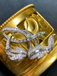 Vintage 1950’s RUSER Platinum Leaf Vine Baguette Round Diamond Brooch 5.83cttw