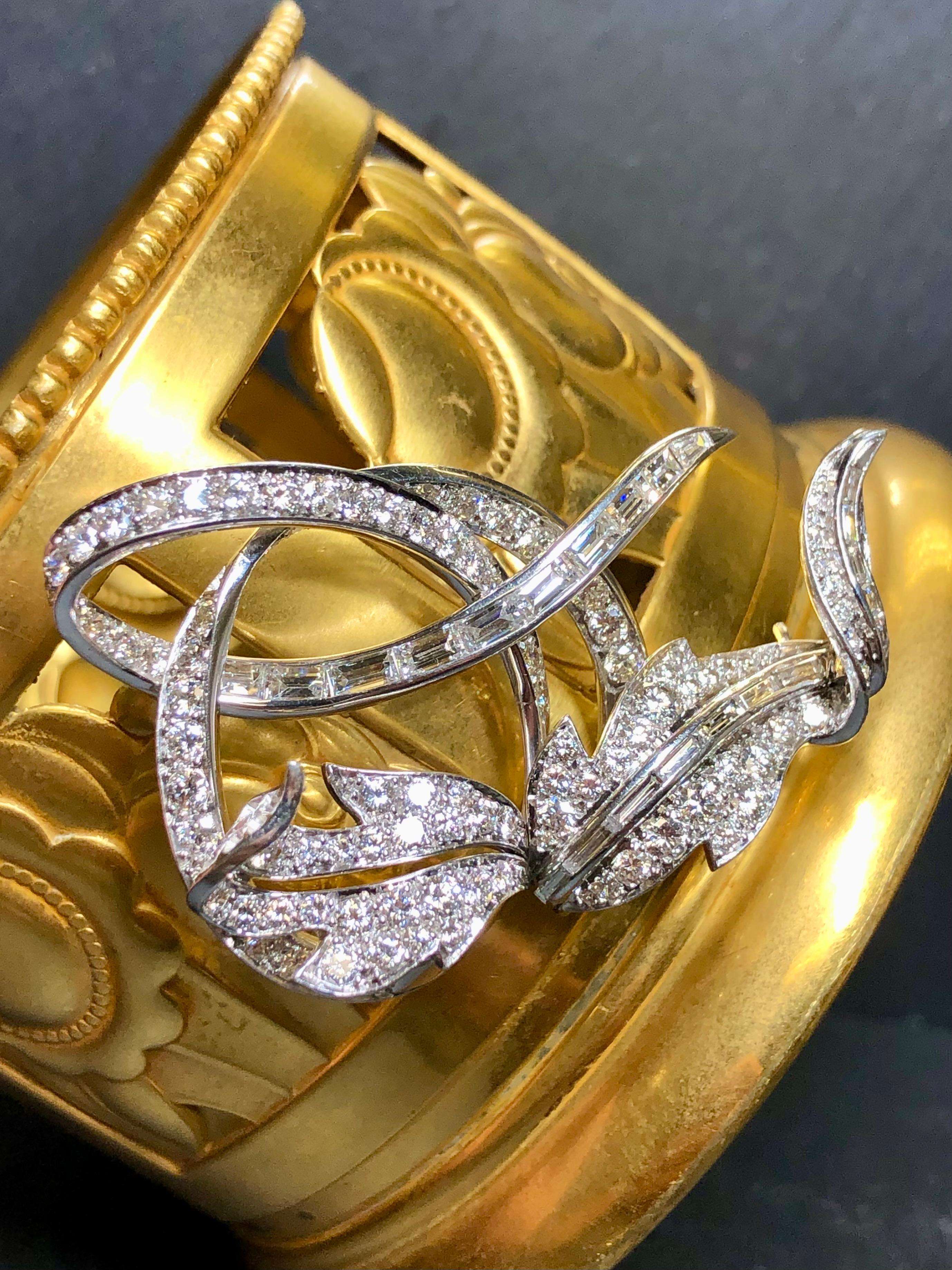 Retro Vintage 1950’s RUSER Platinum Leaf Vine Baguette Round Diamond Brooch 5.83cttw For Sale