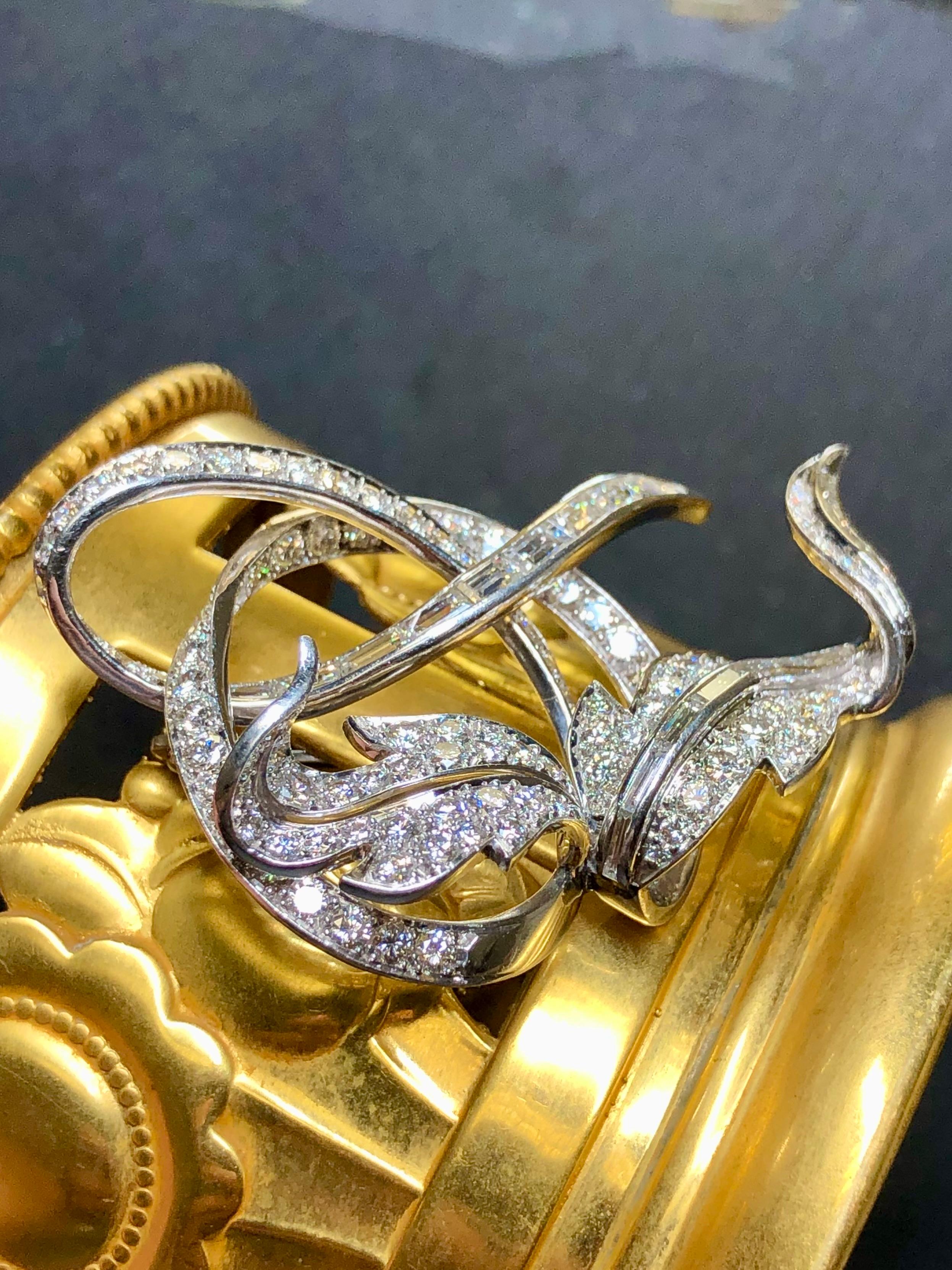 Baguette Cut Vintage 1950’s RUSER Platinum Leaf Vine Baguette Round Diamond Brooch 5.83cttw For Sale