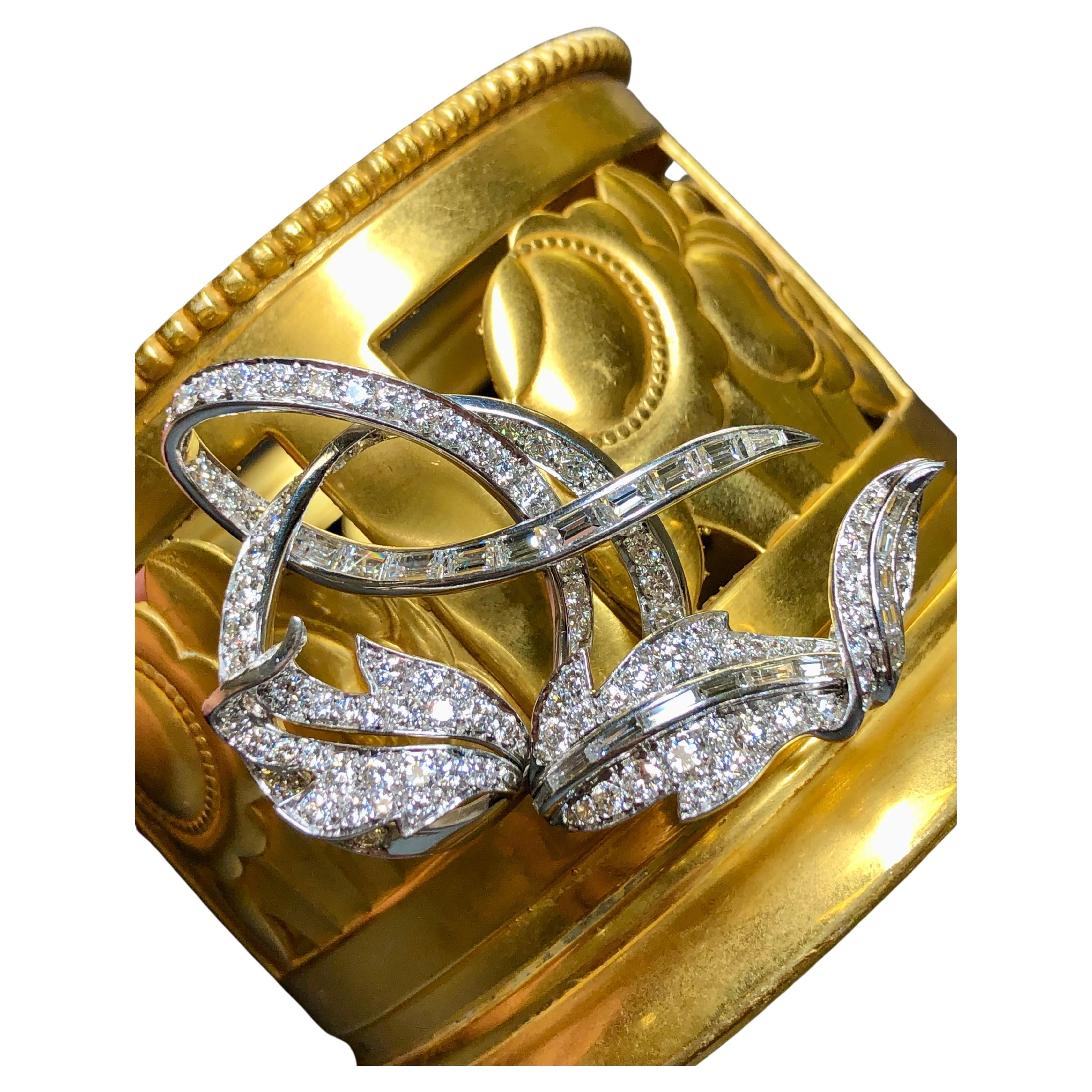 Vintage 1950’s RUSER Platinum Leaf Vine Baguette Round Diamond Brooch 5.83cttw For Sale