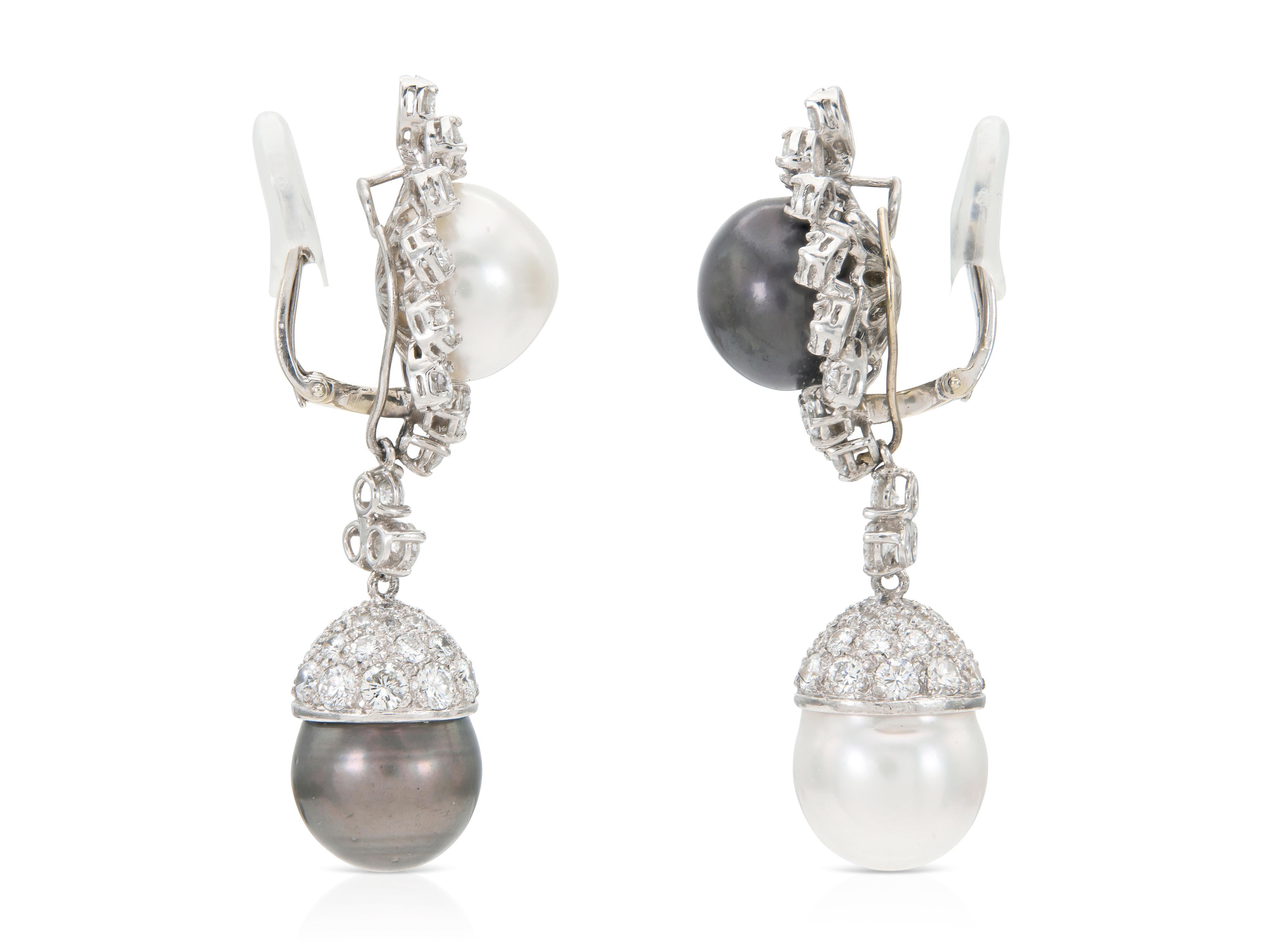 Round Cut Vintage 1950s Salt & Pepper Peal Dangle Earrings For Sale