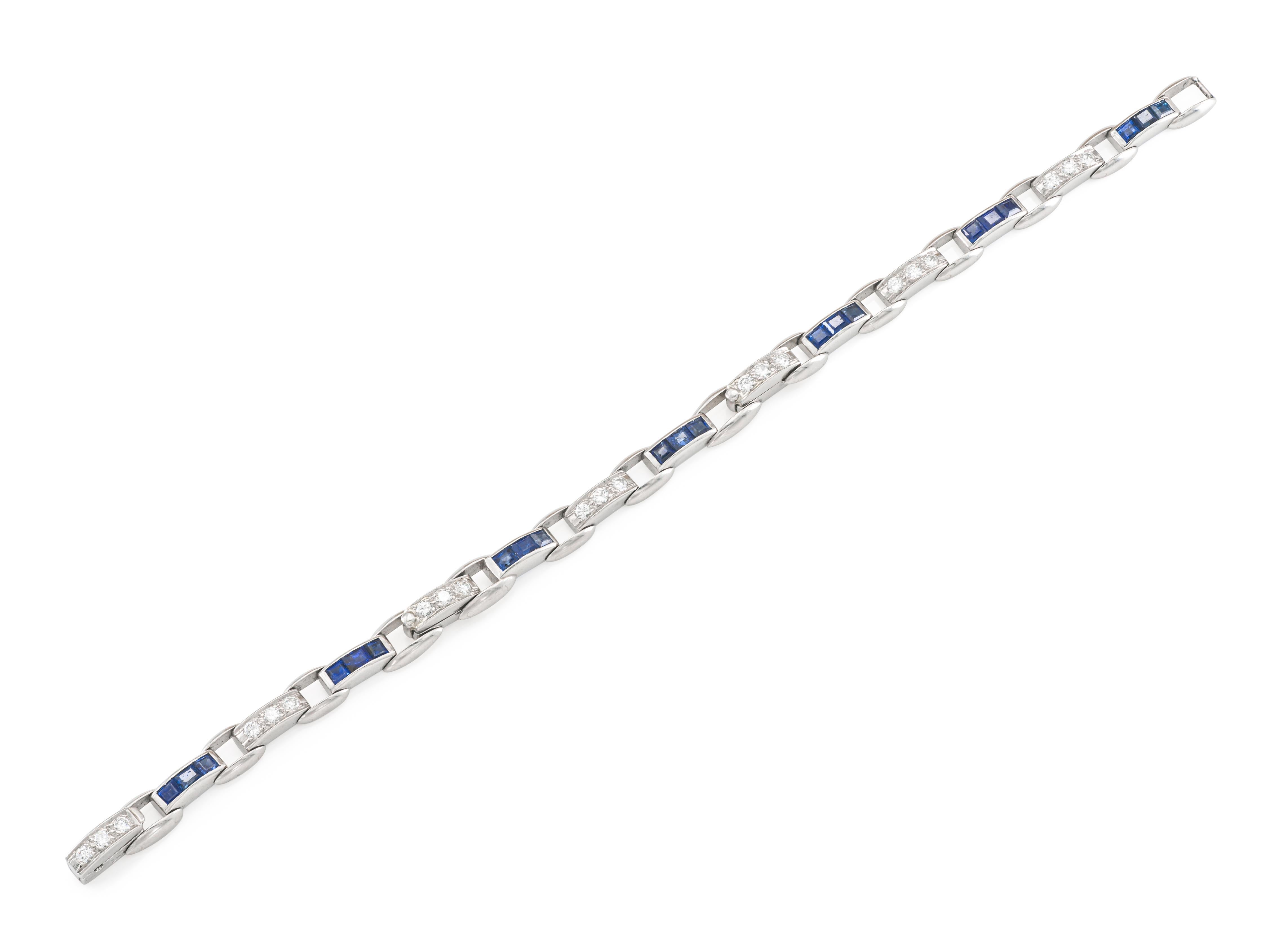 Finely crafted in platinum with Square cut Sapphires weighing approximately a total of 2.00 carats and Round Brilliant cut Diamonds weighing approximately a total of 1.50 carats.
Circa 1950s
Size 7 inches