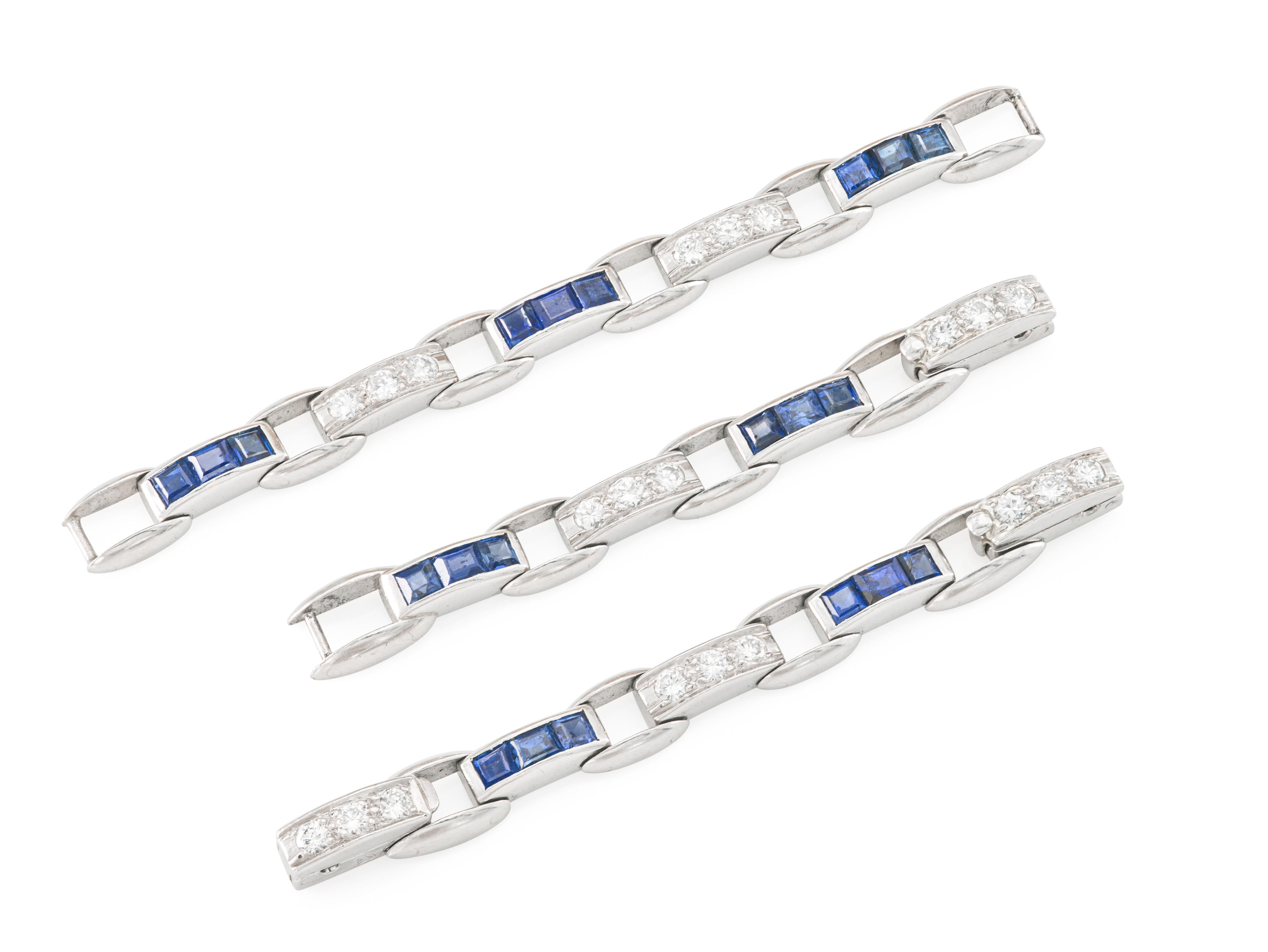 Vintage 1950s Sapphire and Diamond Link Bracelet In Good Condition For Sale In New York, NY