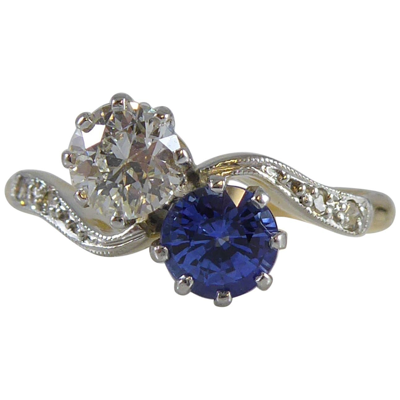 Vintage 1950s Sapphire and Diamond Toi et Moi Two-Stone Twist Engagement Ring
