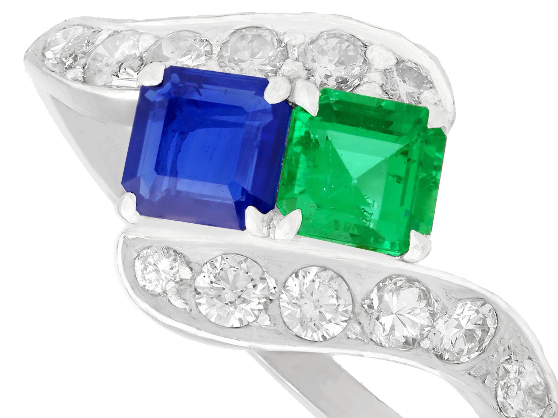 Round Cut Vintage 1950s Sapphire and Emerald Diamond and Platinum Twist Ring For Sale