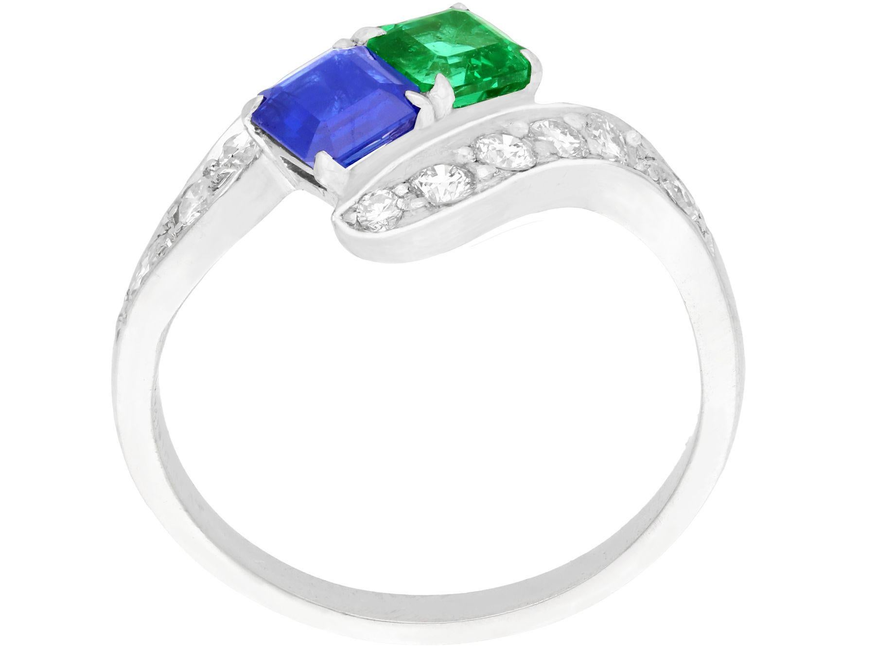 Vintage 1950s Sapphire and Emerald Diamond and Platinum Twist Ring For Sale 2