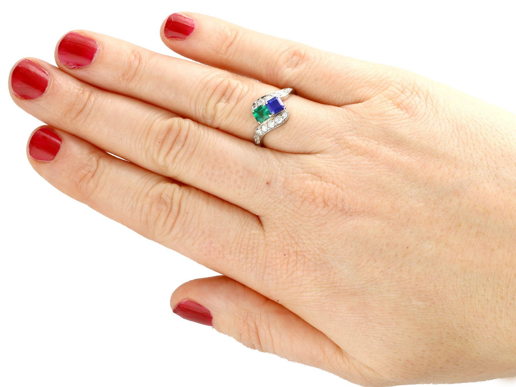 Vintage 1950s Sapphire and Emerald Diamond and Platinum Twist Ring For Sale 1