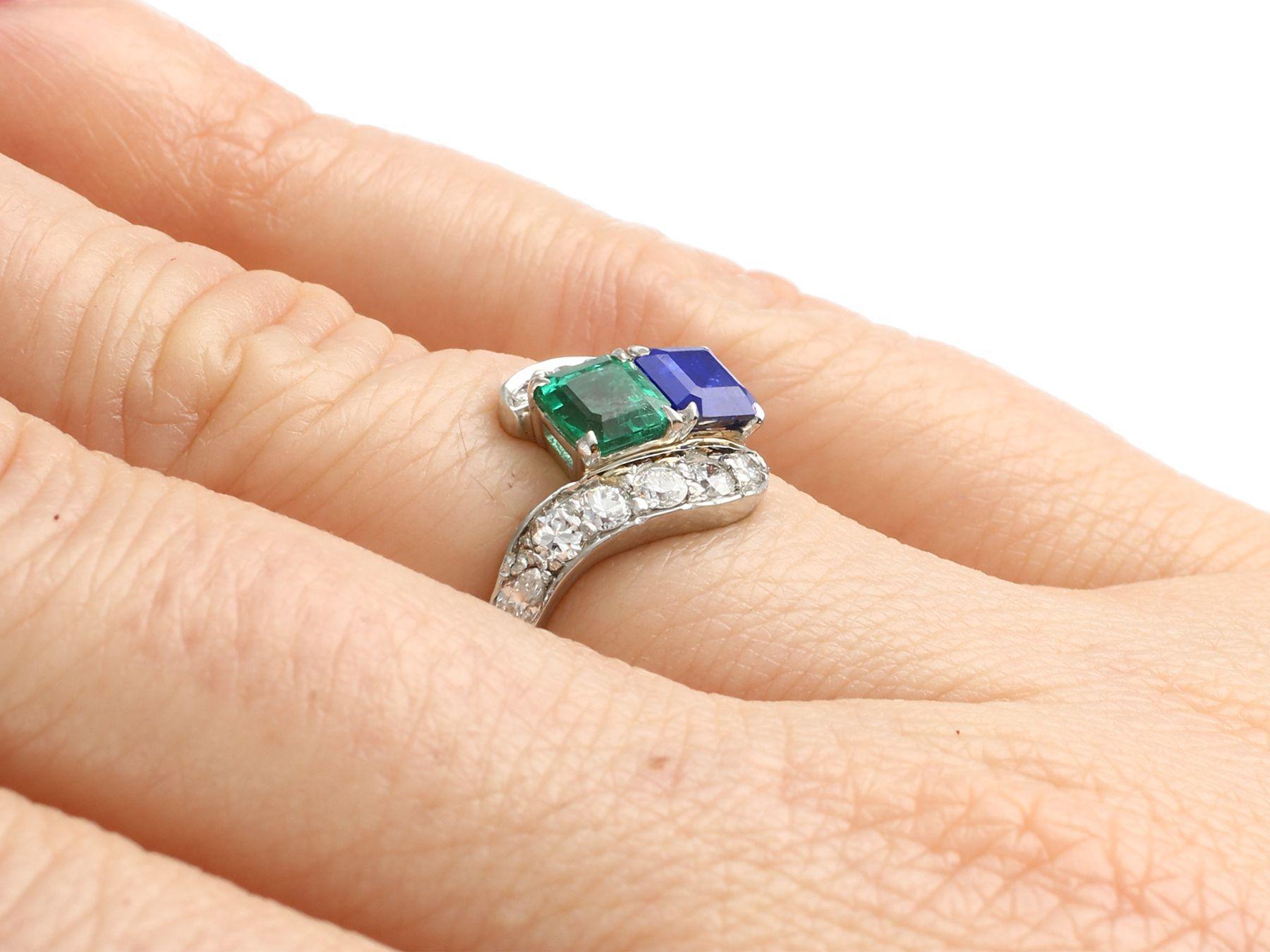 Vintage 1950s Sapphire and Emerald Diamond and Platinum Twist Ring For Sale 2