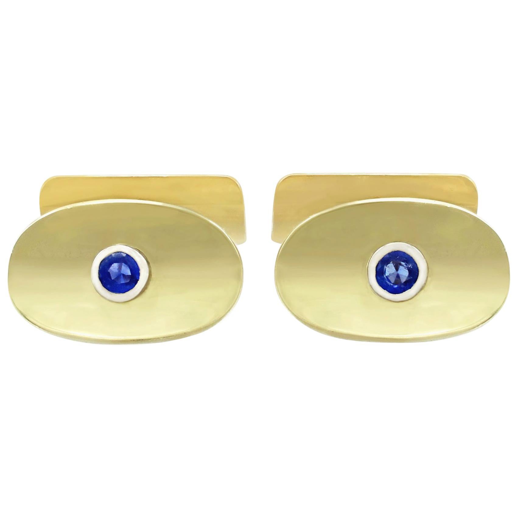 Boutons de manchette vintage en or jaune et saphir des années 1950