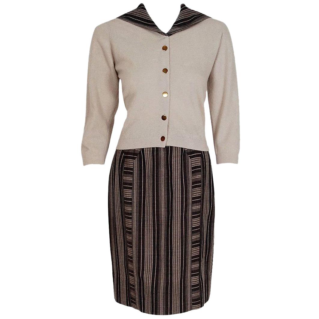 Vintage 1950's Schiaparelli Beige Cashmere and Striped Wool Sweater Skirt Set