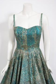 1950s Mexican Aztec Tiki Novelty Print Fully Sequin Blue Cotton Full-Skirt Dress