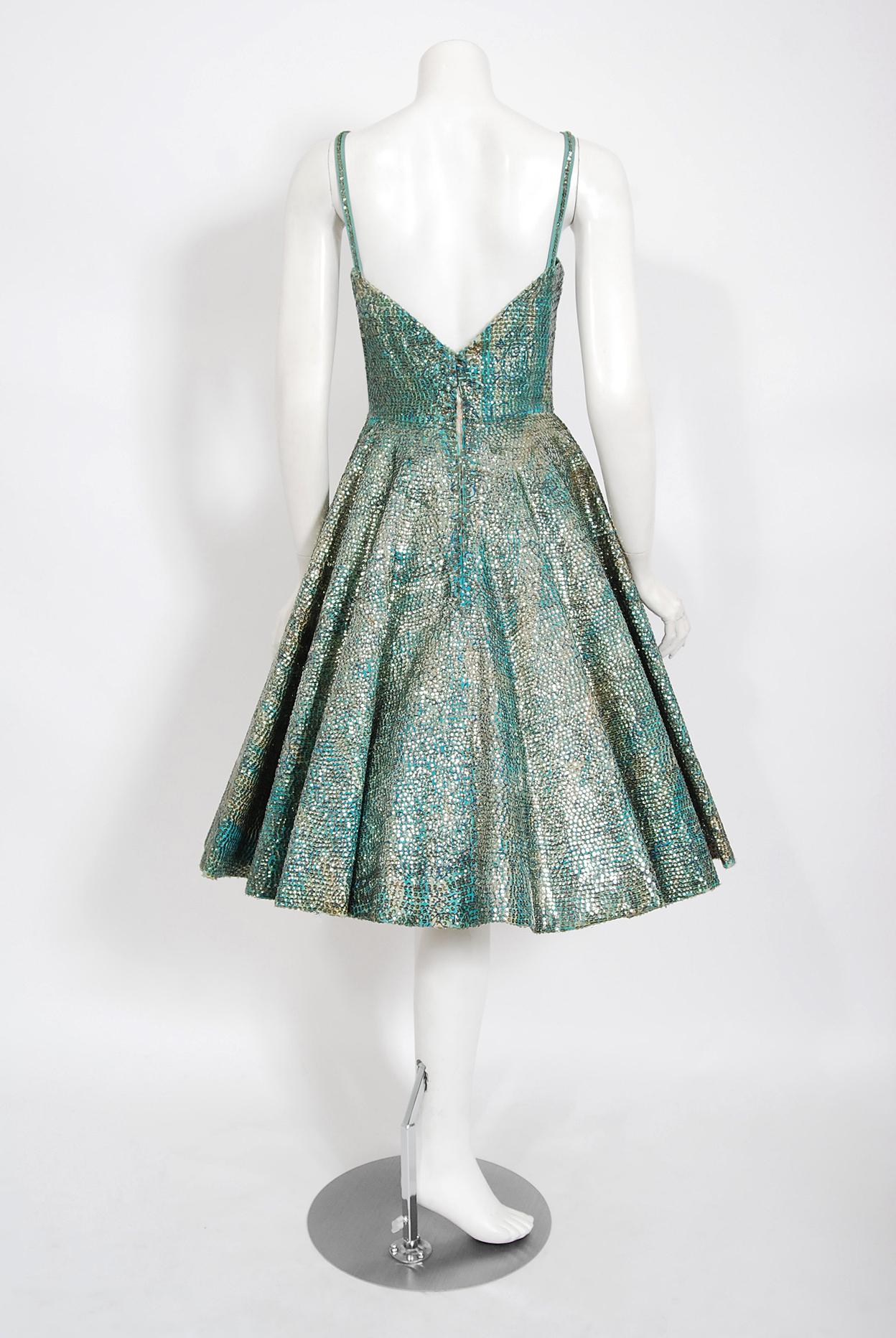 Women's Vintage 1950's Mexican Aztec Tiki Novelty Print Sequin Blue Cotton Full Dress For Sale