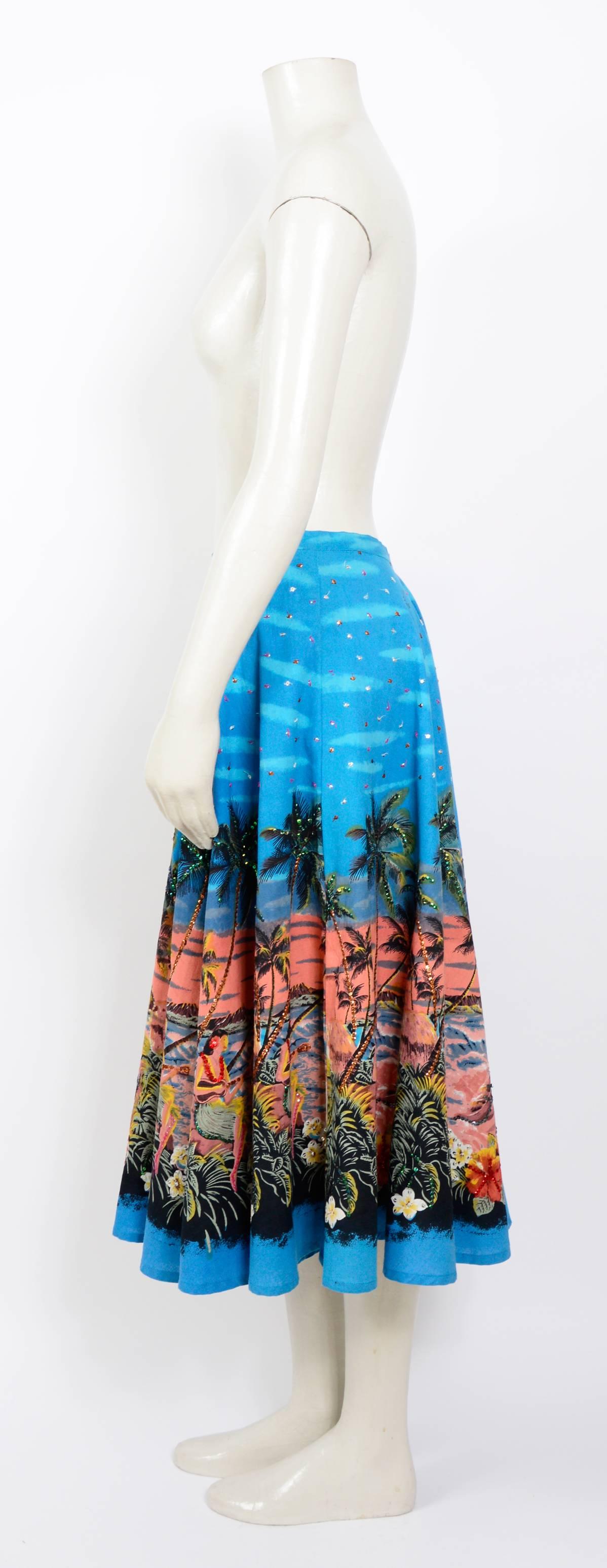 Blue Vintage 1950s sequined Hawaiian print full circle cotton skirt 