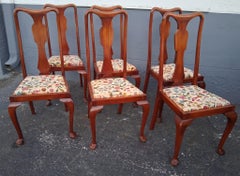 Vintage 1950's Set of 6 Queen Anne style Carved and Embroidered Dining Chairs