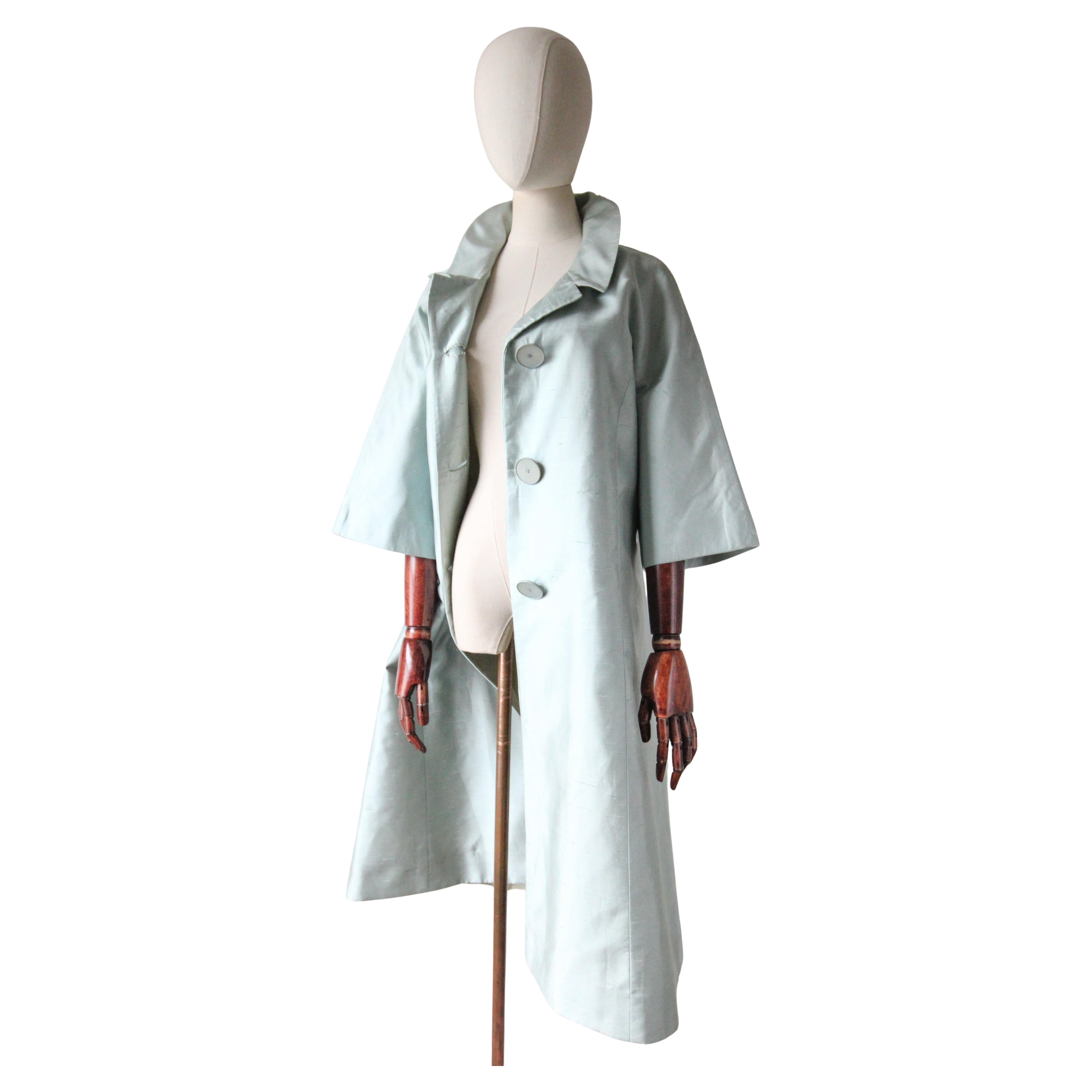 Vintage 1950's Shantung Seide Blau Mantel Vintage 1950's Silk Duster Coat UK 10-14 im Angebot