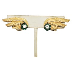 Vintage 1950s Signed Boucher Faux-Emerald Rhinestone Feather Clip Earrings
