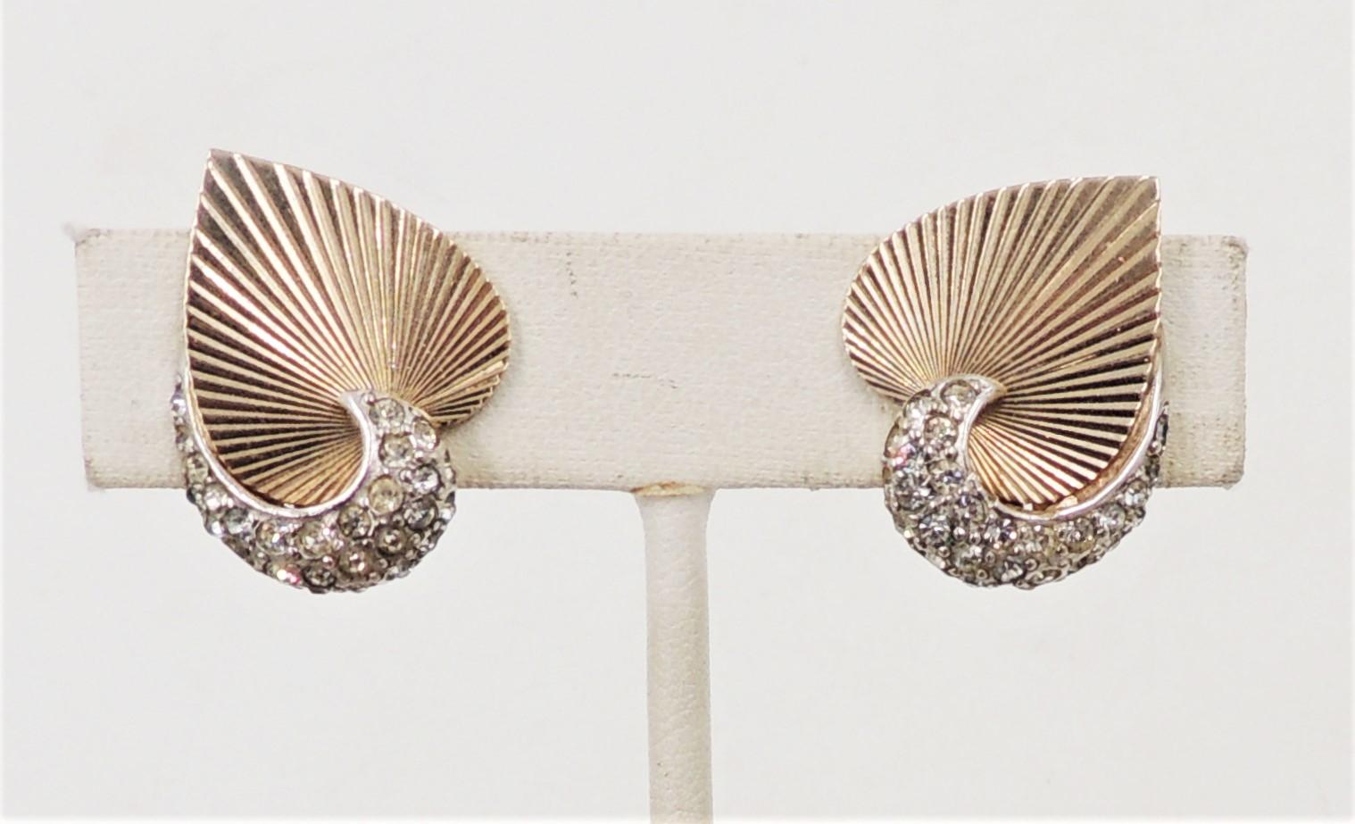 Modern Vintage 1950s Signed Boucher Goldtone & Pave Rhinestone Heart Clip Back Earrings