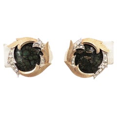  Vintage 1950s Signed Boucher Green Enamel & Rhinestone Clip Earrings