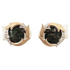 Vintage 1950s Signed Boucher Green Enamel & Rhinestone Clip Earrings