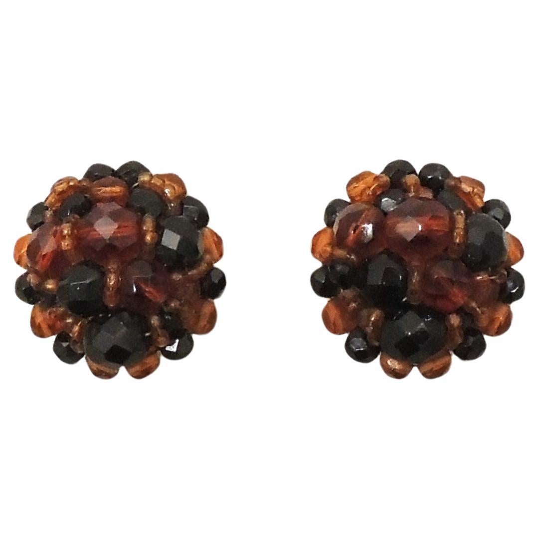 Vintage 1950s Signed Coppola e Toppo Italy Brown & Black Beaded Clip Earrings For Sale