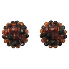 Used 1950s Signed Coppola e Toppo Italy Brown & Black Beaded Clip Earrings