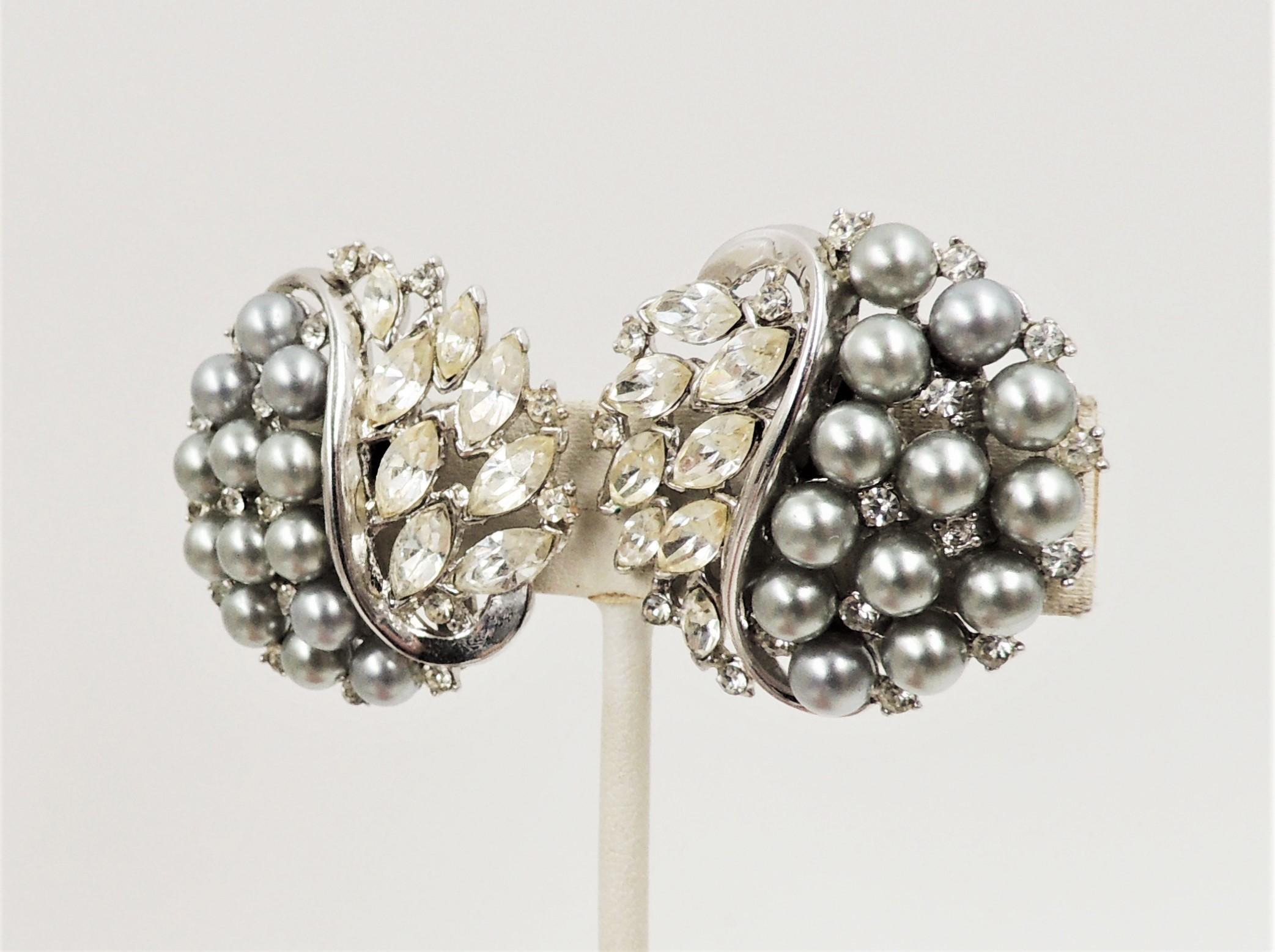 Vintage 1950s Signed Crown Trifari Faux-Black Pearl & Rhinestone Clip Earrings 1