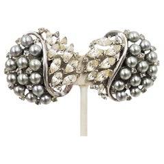 Retro 1950s Signed Crown Trifari Faux-Black Pearl & Rhinestone Clip Earrings