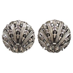 Vintage 1950s Signed Napier Deco Style Silvertone Shell Clip Earrings