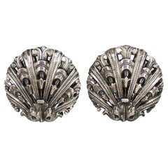 Retro 1950s Signed Napier Deco Style Silvertone Shell Clip Earrings