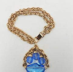 Vintage 1950s Signed Napier Goldtone & Blue Glass Charm Bracelet