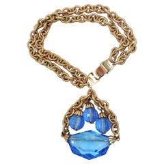 Vintage 1950s Signed Napier Goldtone & Blue Glass Charm Bracelet