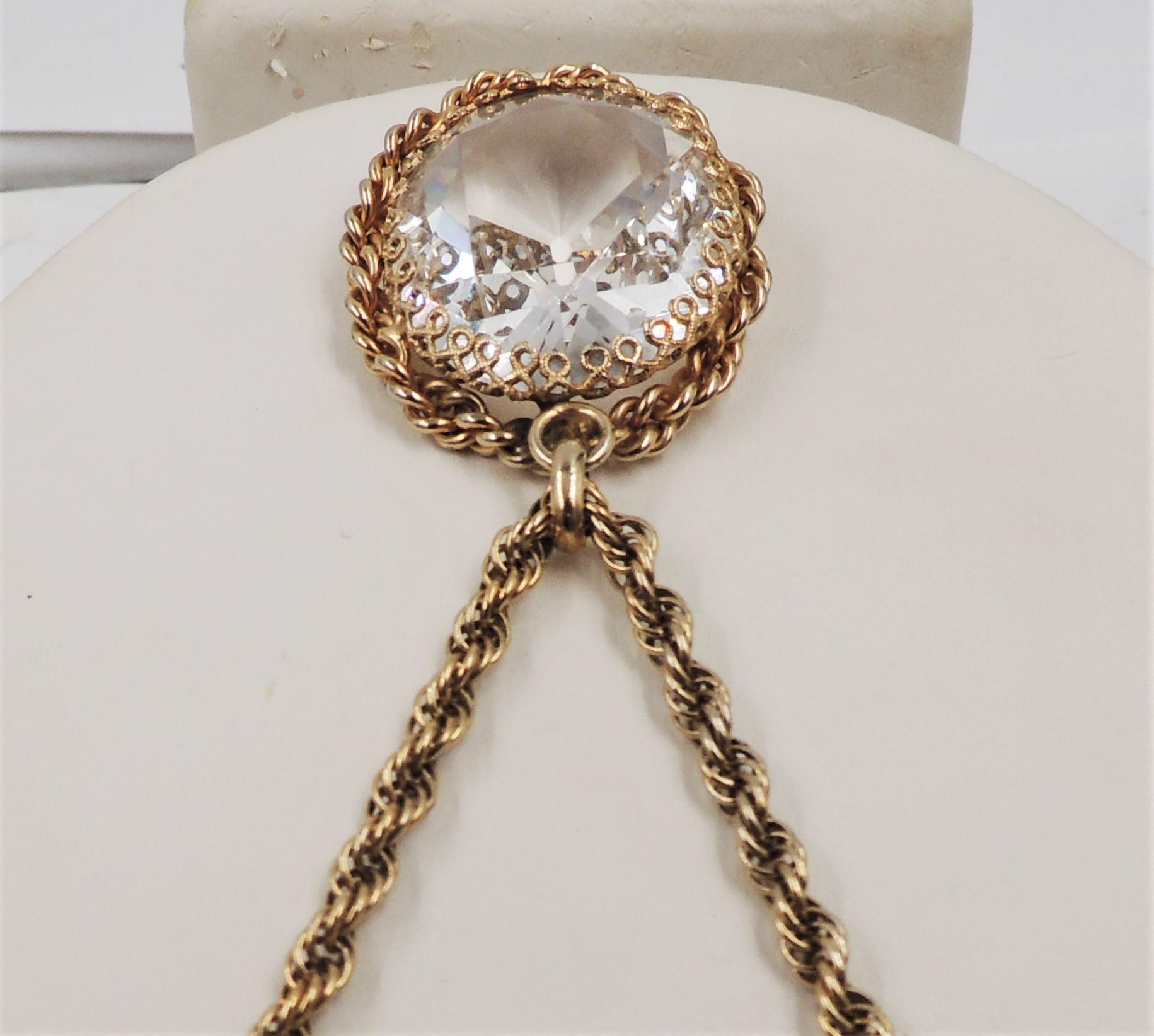 VIntage 1950s Signed Napier Goldtone Clear Rhinestone Pendant Necklace For Sale 1