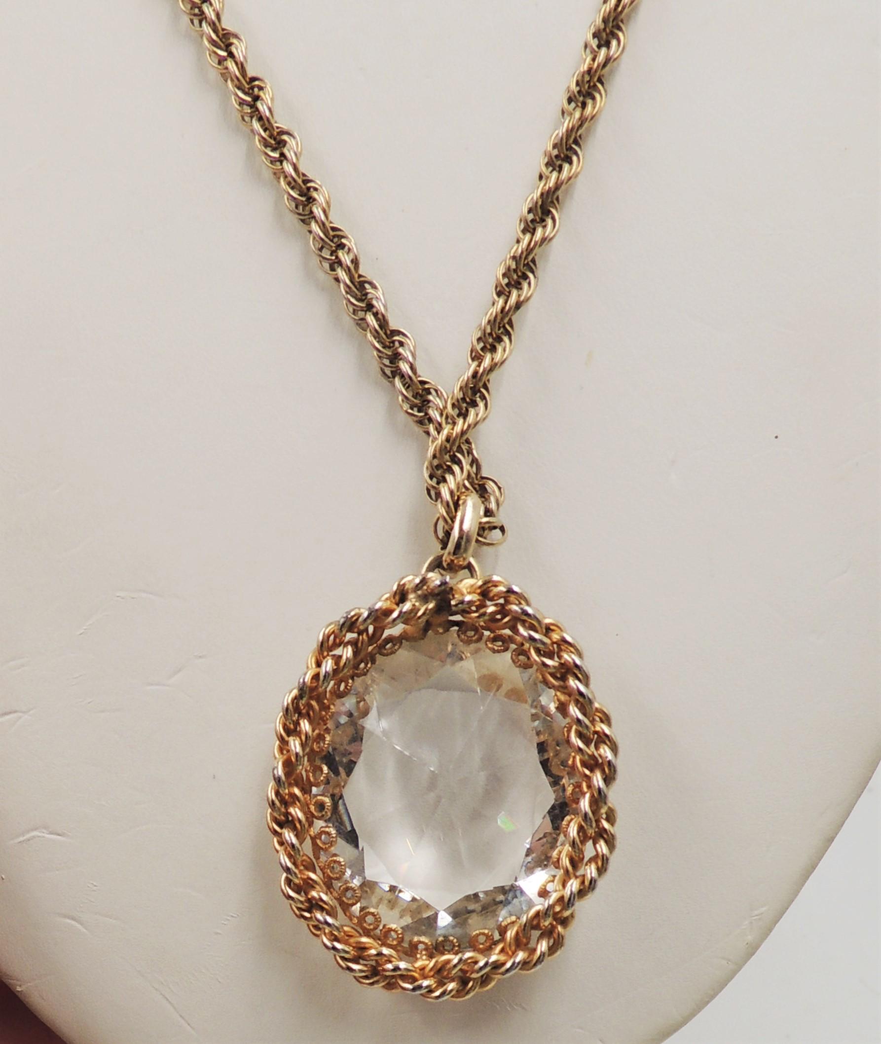 VIntage 1950s Signed Napier Goldtone Clear Rhinestone Pendant Necklace For Sale 2