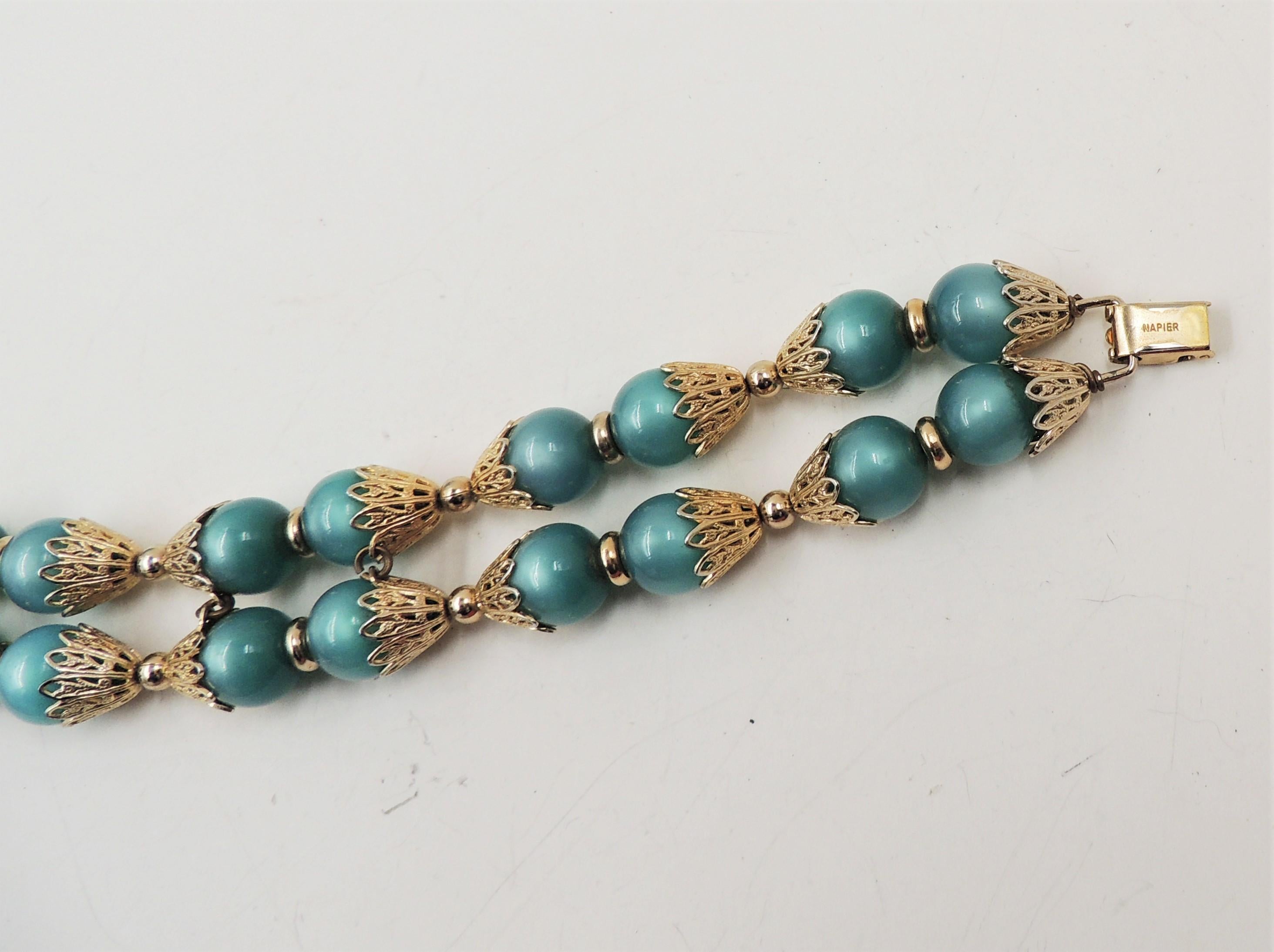 Vintage 1950s Signed Napier Goldtone Green Moonglow Beaded Bracelet For Sale 2