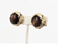 Vintage 1950s Signed Napier Goldtone Leaves & Brown Moonglow Clip Earrings