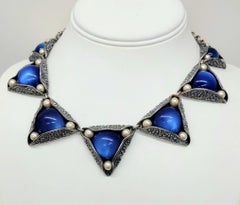 Vintage 1950s Signed Napier Silvertone Blue Moonglow & Faux-Pearl Necklace