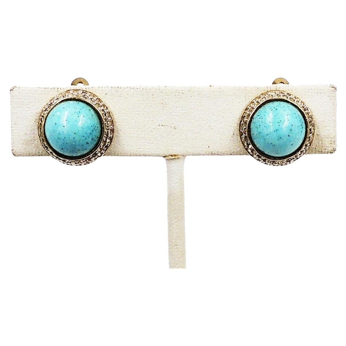 Vintage 1950s Signed Nettie Rosenstein Faux-Turquoise Cabochon Clip Earrings