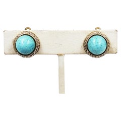 Vintage 1950s Signed Nettie Rosenstein Faux-Turquoise Cabochon Clips Earrings