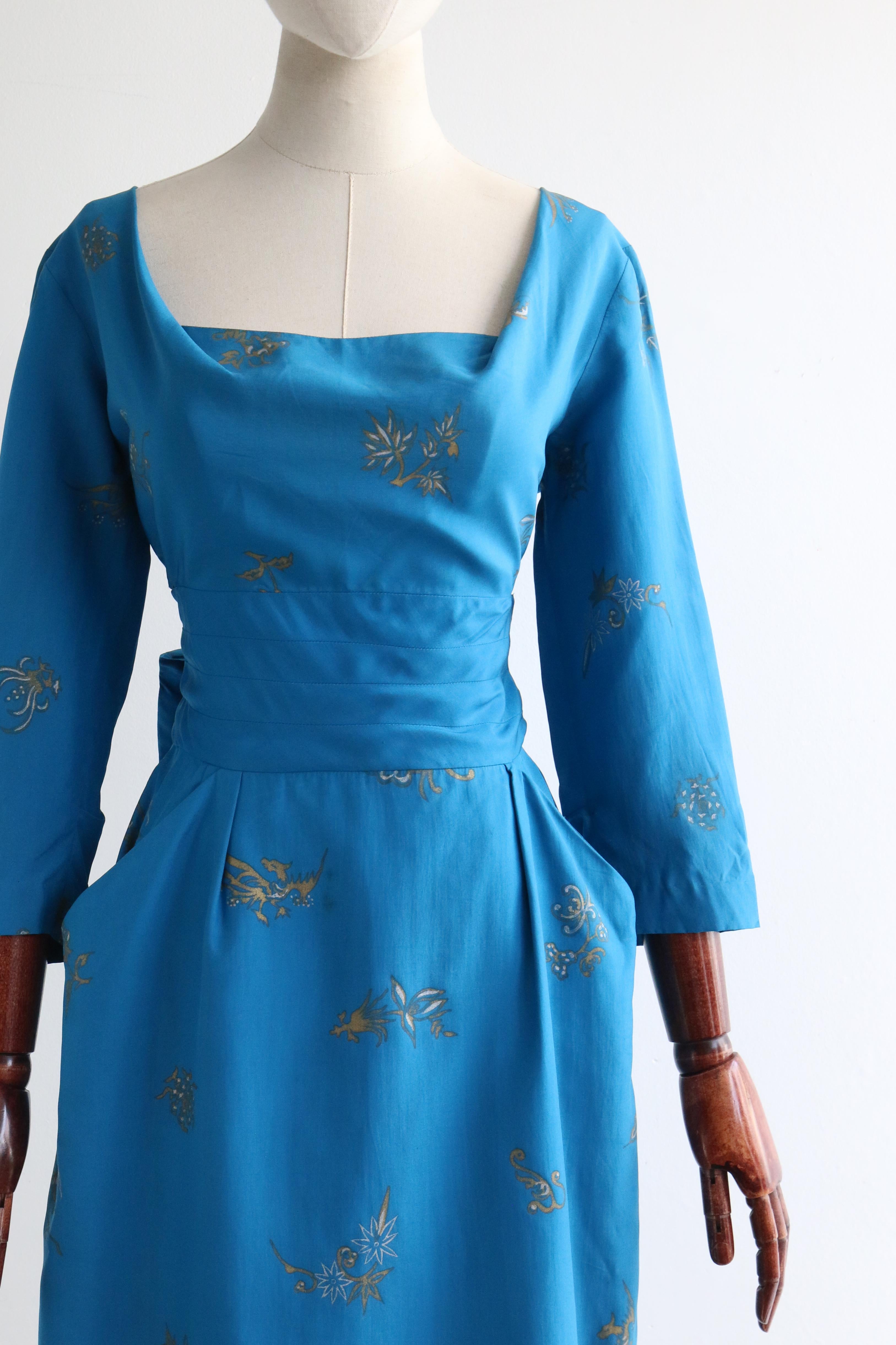 Blue Vintage 1950's Silk Alfred Shaheen Dress UK 8-10 US 4-6