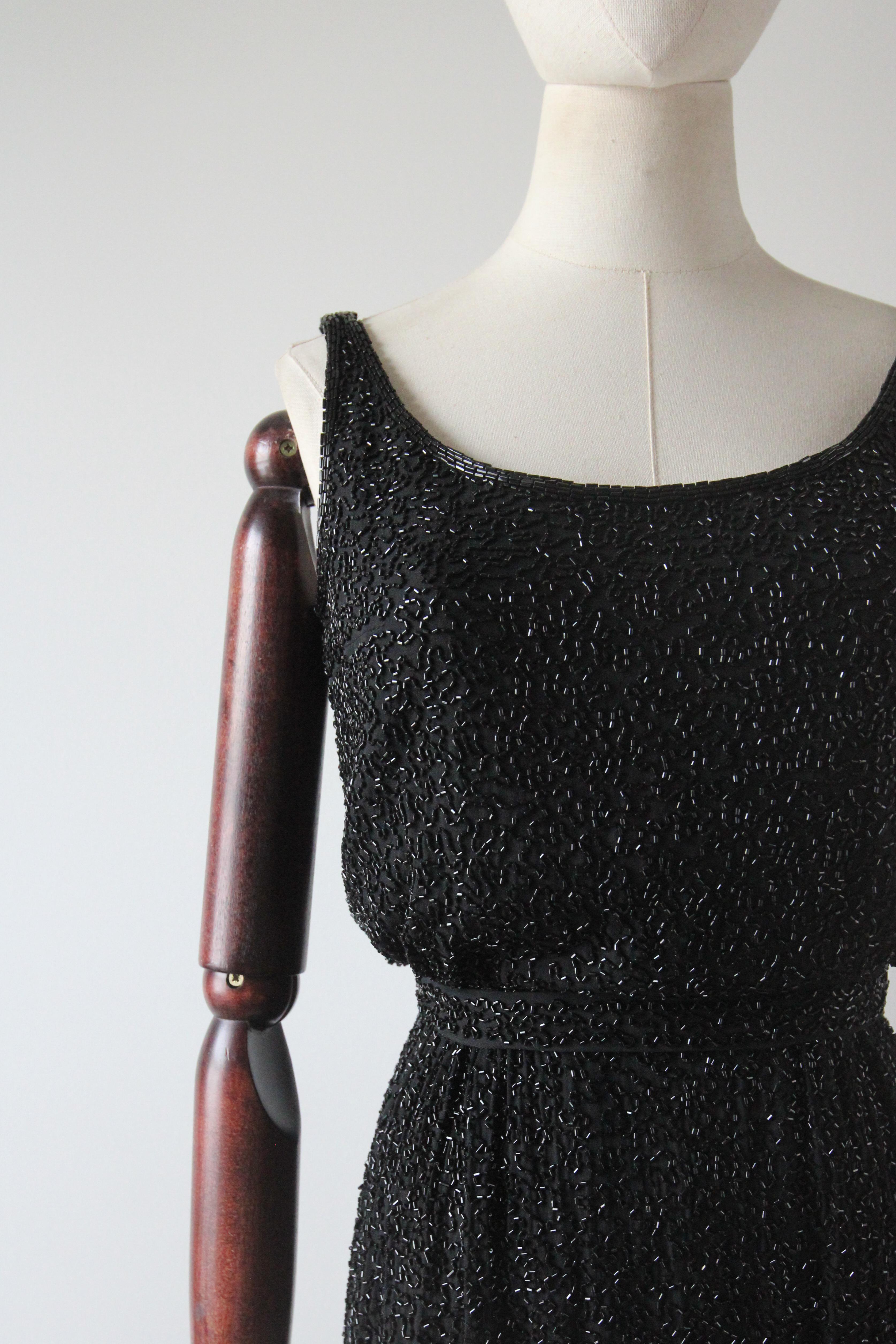 Black Vintage 1950's silk beaded cocktail dress fully beaded dress blouse bodice UK 4 For Sale